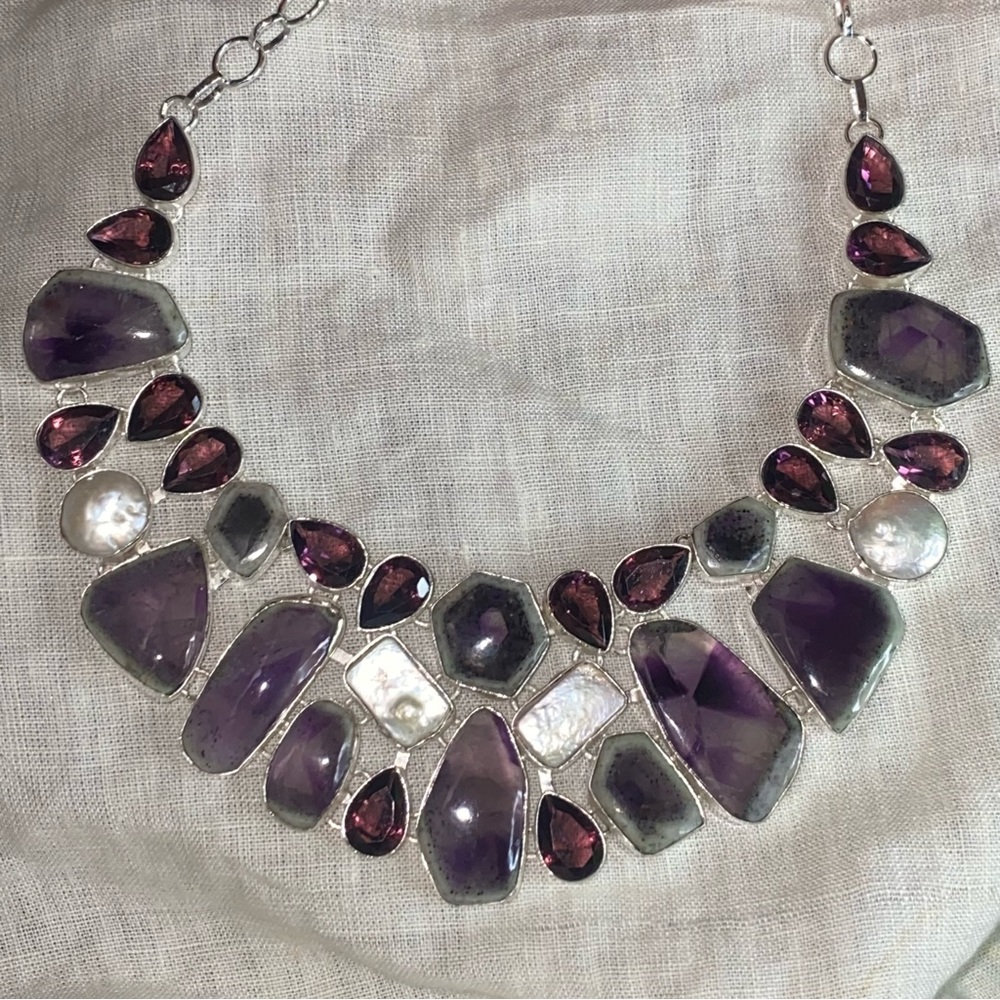 Amethyst + Mozambique Garnet + Biwa Pearl exotic gemstone cluster necklace
